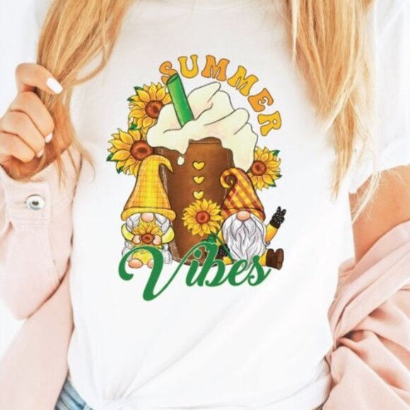 Unbranded Tops - Gnome Shirt, Gnomies Tees, Summer Vibes Graphic Tshirts, Cute Floral Gift